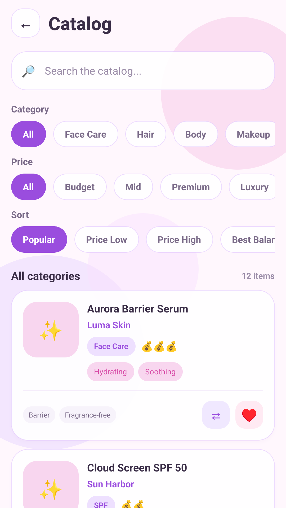 Beauty Balance catalog screen