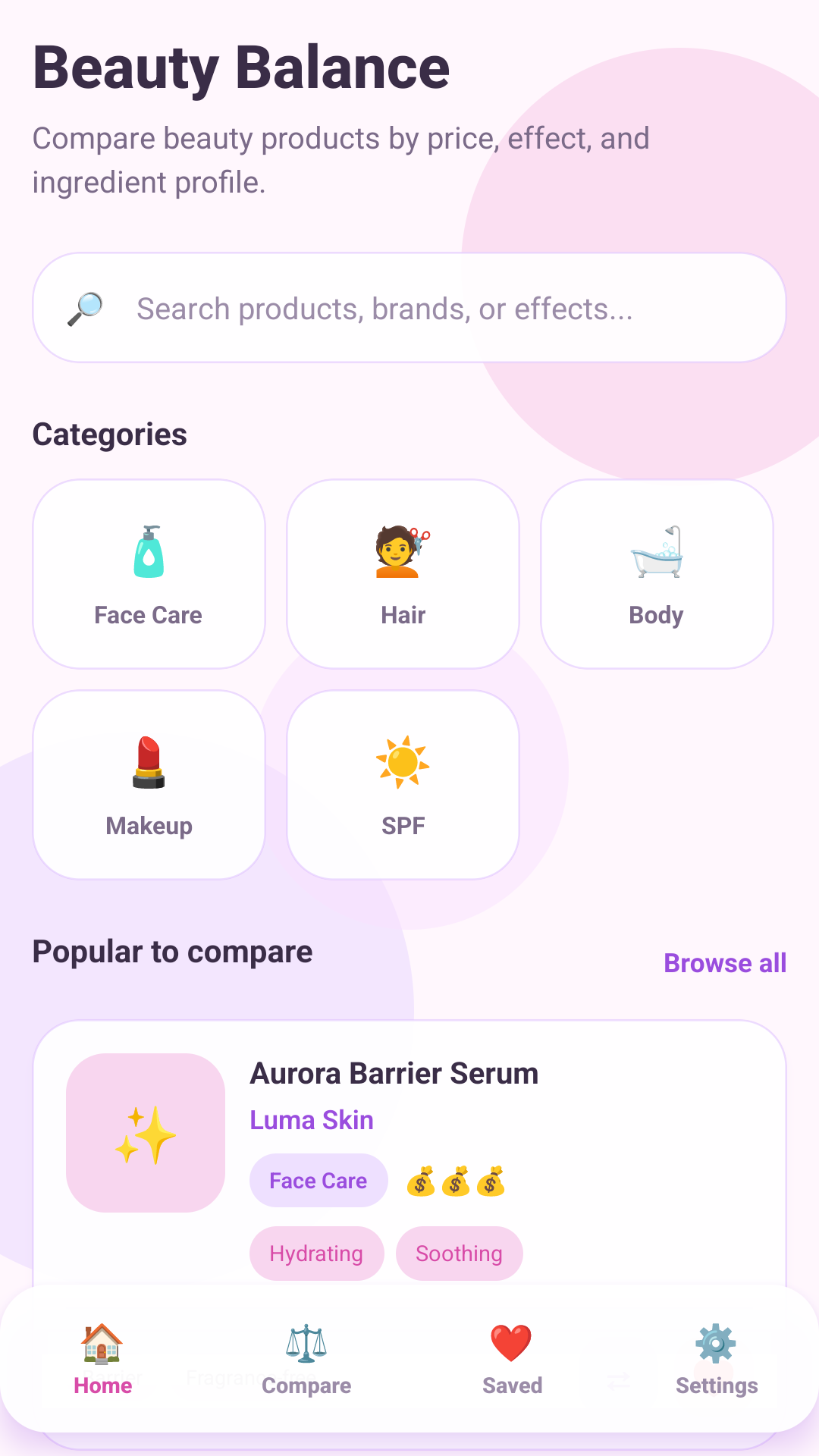 Beauty Balance home screen